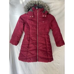 Calvin Klein Jeans Puffer Parka Coat Girls Size 5 Maroon Faux Fur Trim Hood Zip